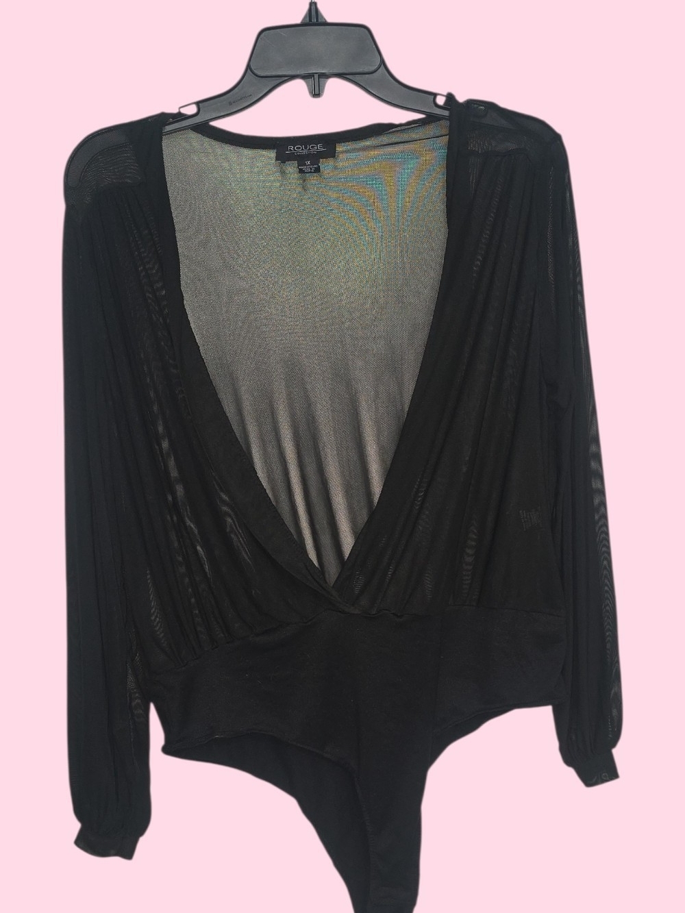 Rouge Helium Black Sheer Surplice Long-Sleeve Bodysuit